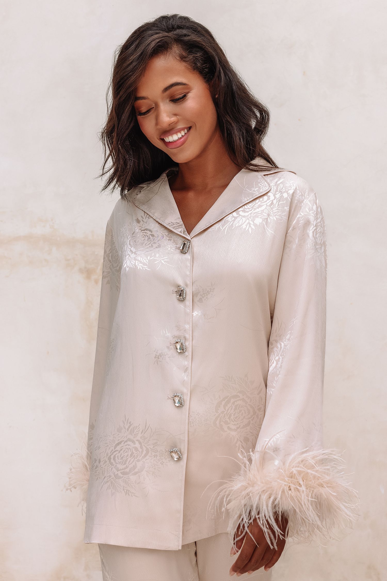 ADRIANA Feather Trim Satin Jacquard Pyjama In Champagne sold by Lavish Alice product image thumbnail 3