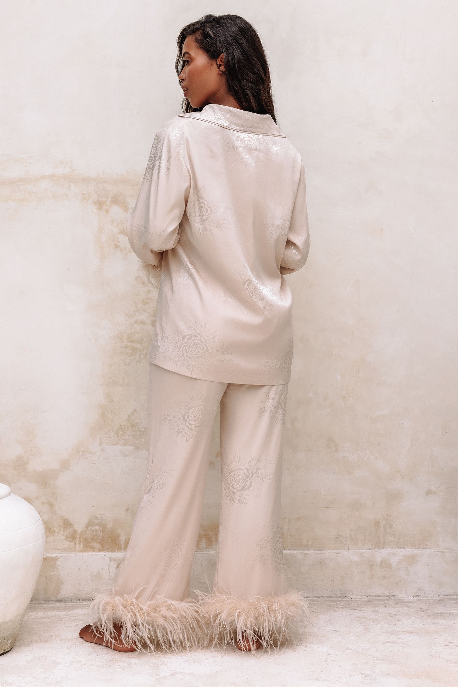 ADRIANA Feather Trim Satin Jacquard Pyjama In Champagne sold by Lavish Alice product image thumbnail 8