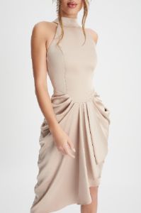 KAYLEE Satin Halterneck Draped Midi Dress In Champagne sold by Lavish Alice