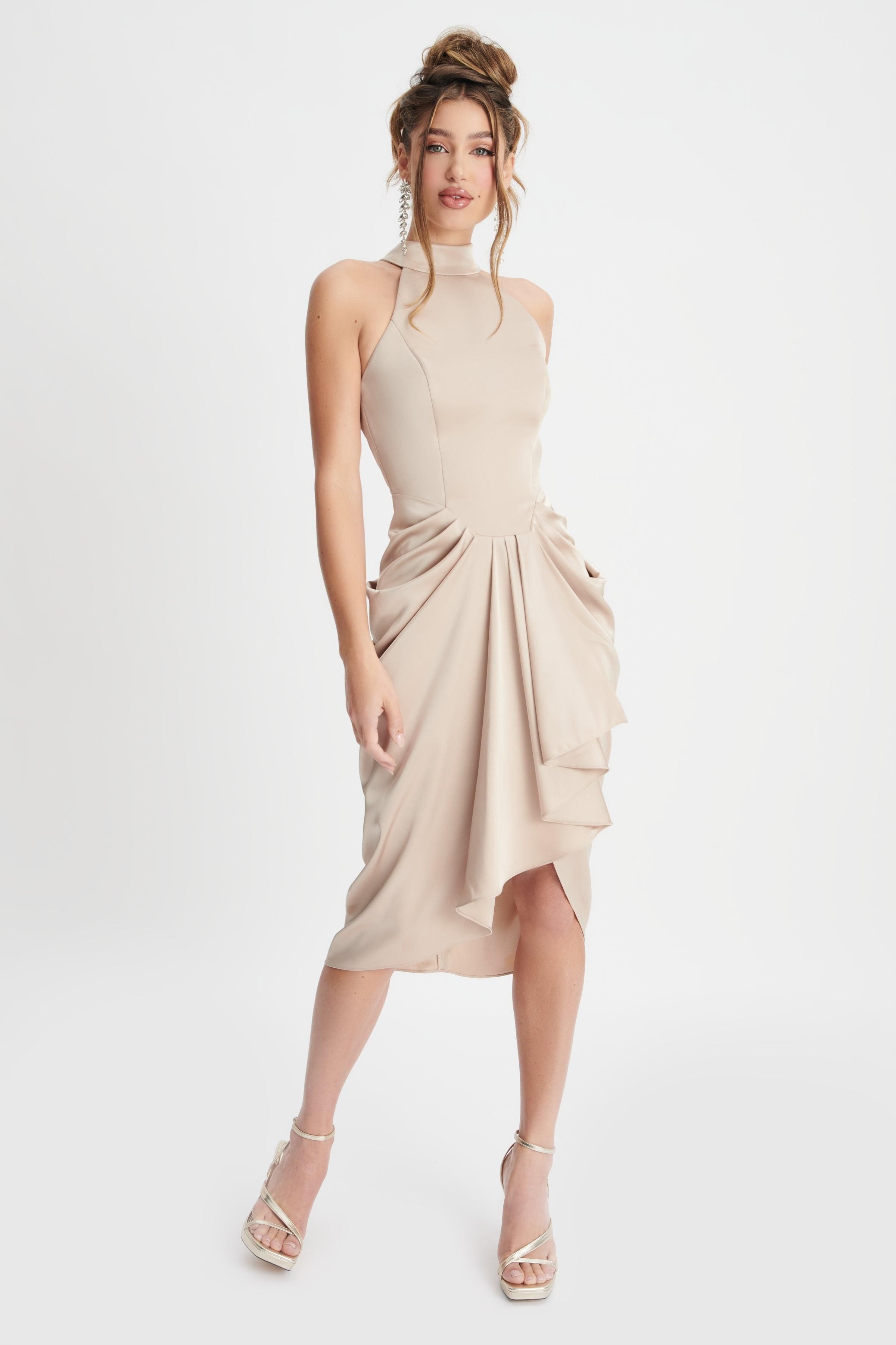 KAYLEE Satin Halterneck Draped Midi Dress In Champagne sold by Lavish Alice product image thumbnail 5