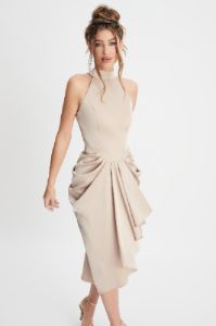KAYLEE Satin Halterneck Draped Midi Dress In Champagne sold by Lavish Alice