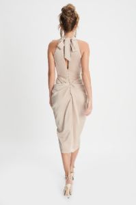 KAYLEE Satin Halterneck Draped Midi Dress In Champagne sold by Lavish Alice