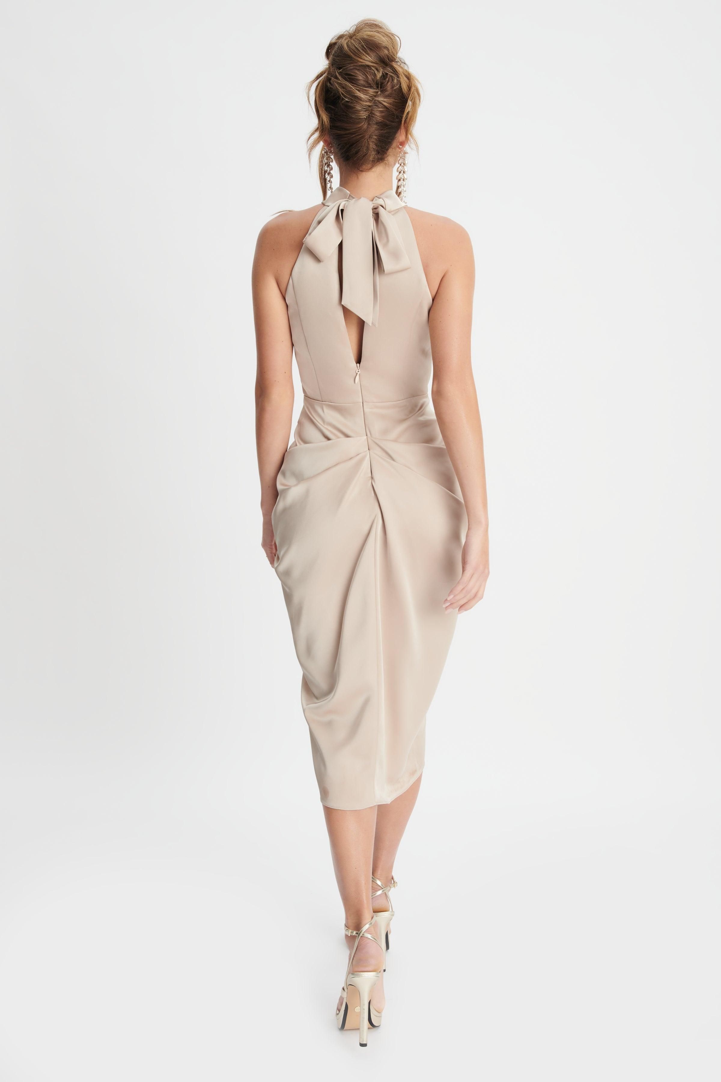 KAYLEE Satin Halterneck Draped Midi Dress In Champagne sold by Lavish Alice product image thumbnail 6