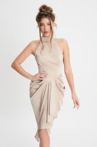 KAYLEE Satin Halterneck Draped Midi Dress In Champagne sold by Lavish Alice