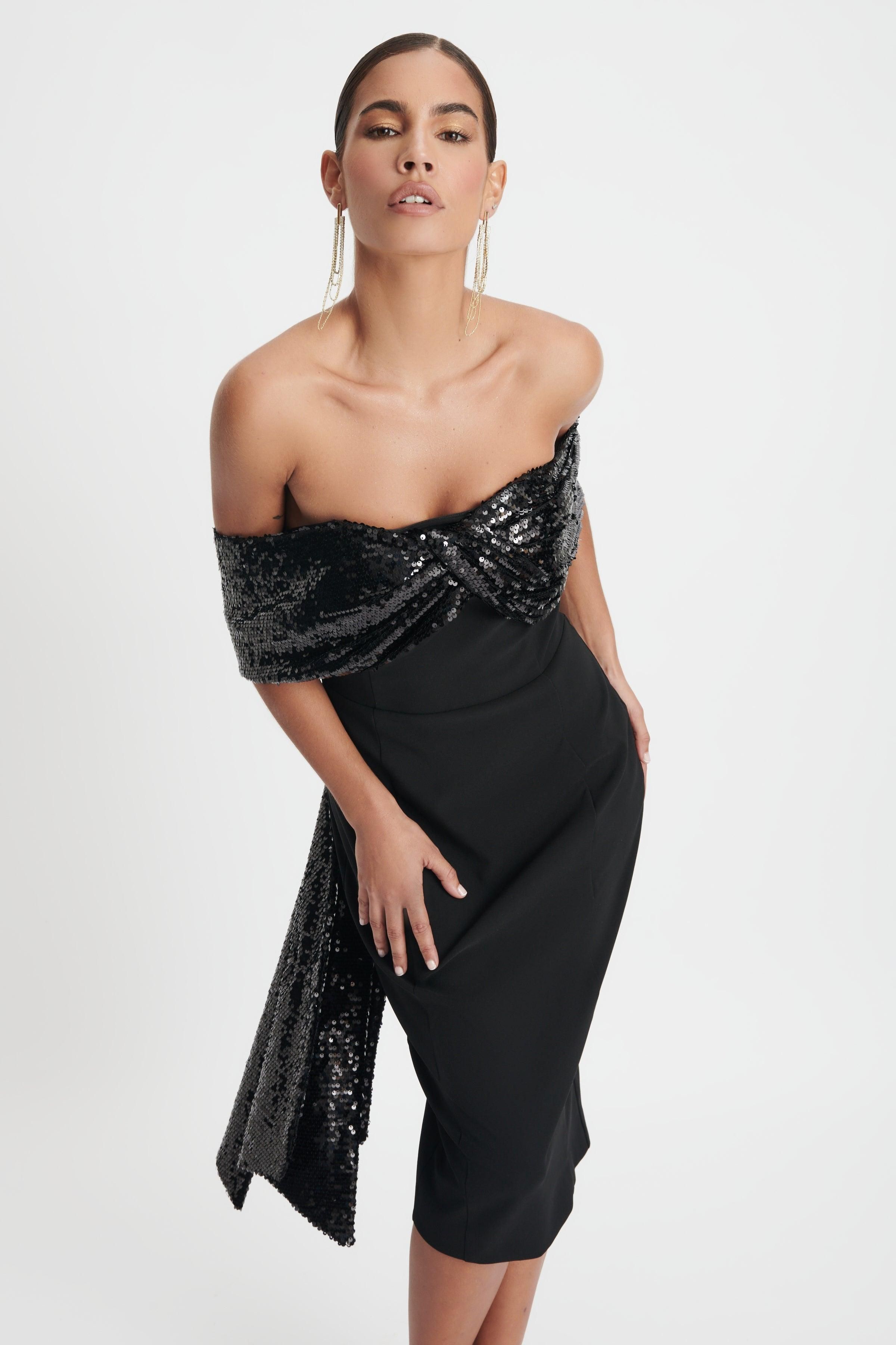 THALIA Statement Sequin Bow Midi Dress In Black sold by Lavish Alice product image thumbnail 7