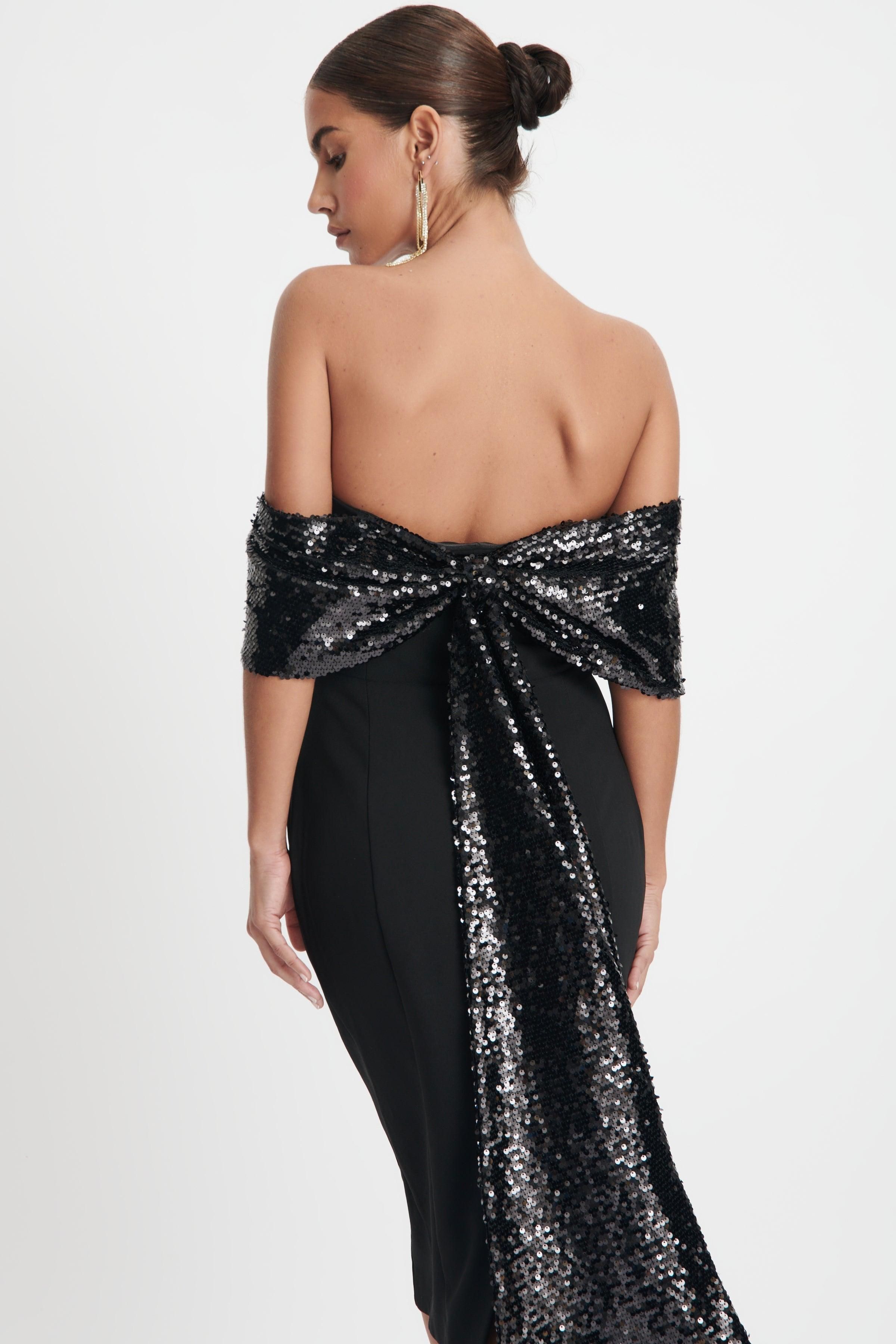 THALIA Statement Sequin Bow Midi Dress In Black sold by Lavish Alice product image thumbnail 4