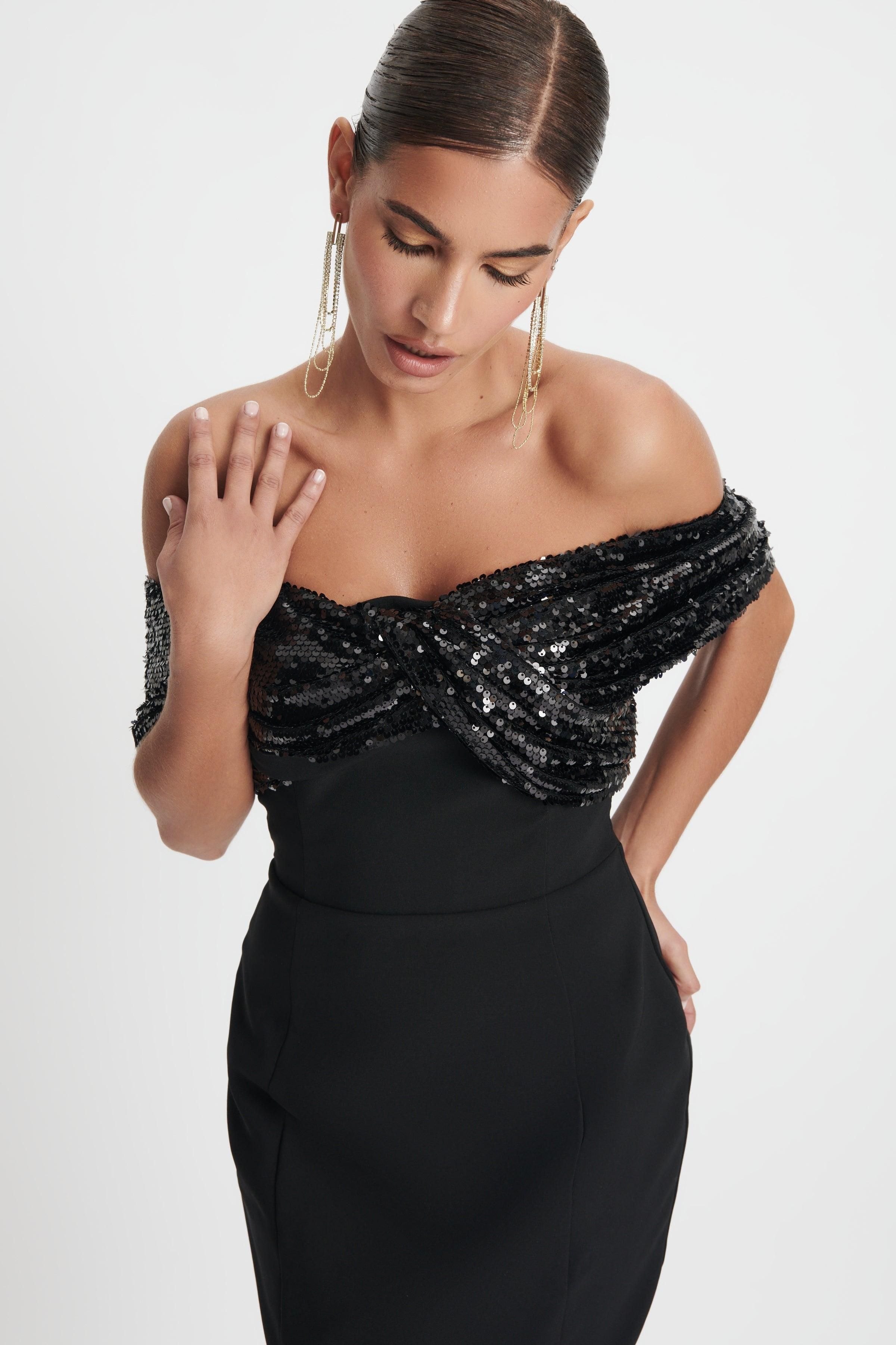 THALIA Statement Sequin Bow Midi Dress In Black sold by Lavish Alice product image thumbnail 8