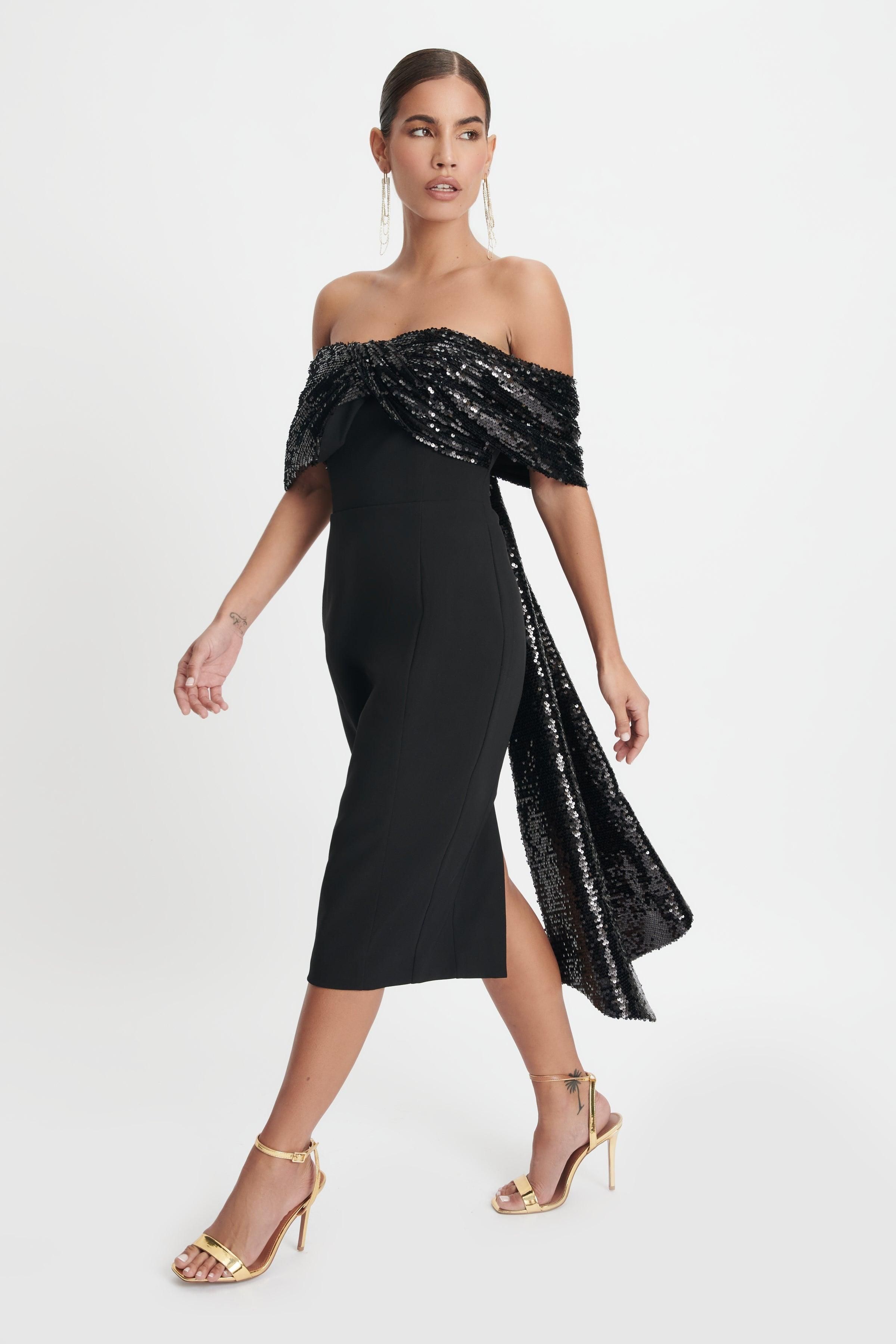 THALIA Statement Sequin Bow Midi Dress In Black sold by Lavish Alice product image thumbnail 5