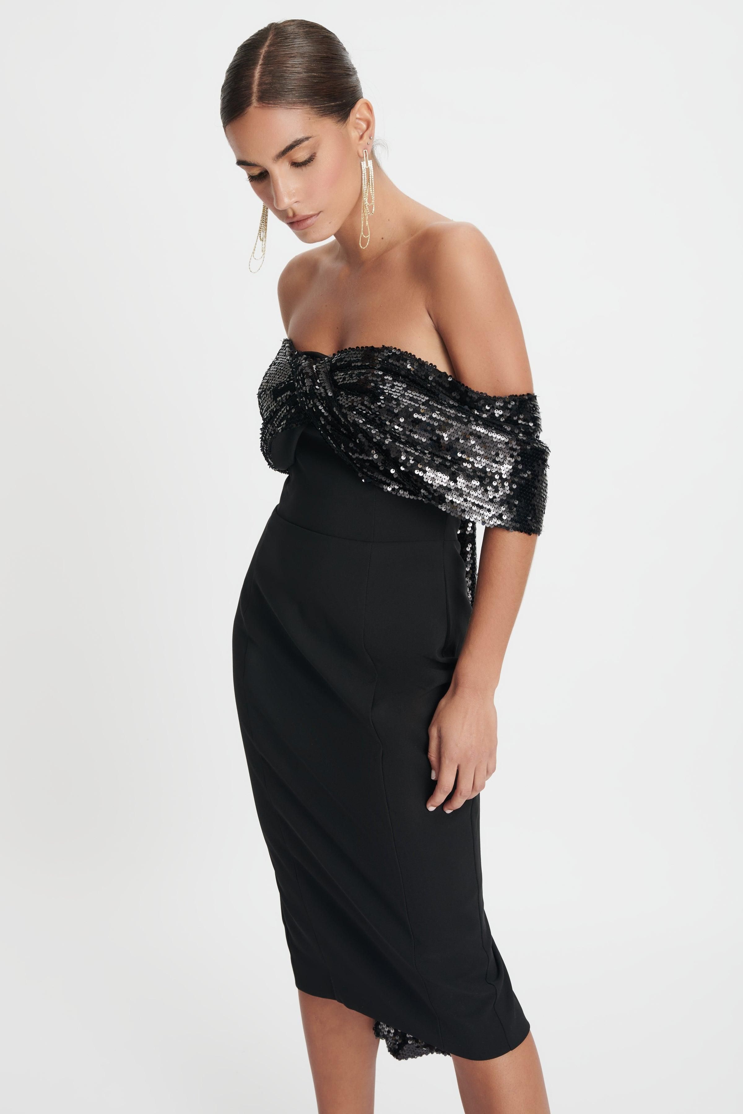 THALIA Statement Sequin Bow Midi Dress In Black sold by Lavish Alice product image thumbnail 6