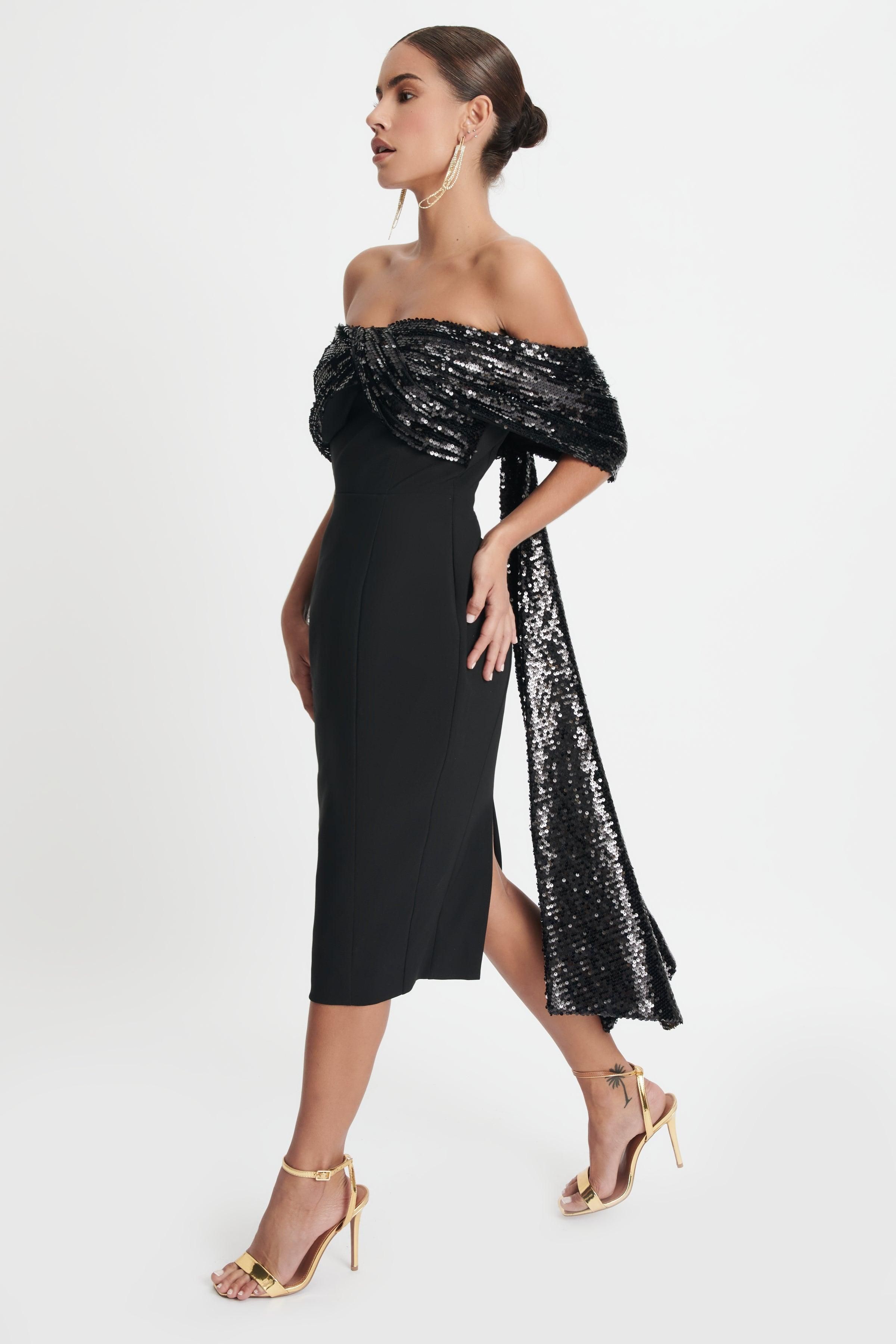 THALIA Statement Sequin Bow Midi Dress In Black sold by Lavish Alice product image thumbnail 3
