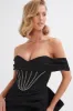 GEORGIE Satin Off Shoulder Lace Up Mini Dress in Black sold by Lavish Alice
