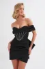GEORGIE Satin Off Shoulder Lace Up Mini Dress in Black sold by Lavish Alice