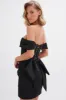 GEORGIE Satin Off Shoulder Lace Up Mini Dress in Black sold by Lavish Alice