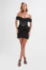GEORGIE Satin Off Shoulder Lace Up Mini Dress in Black sold by Lavish Alice
