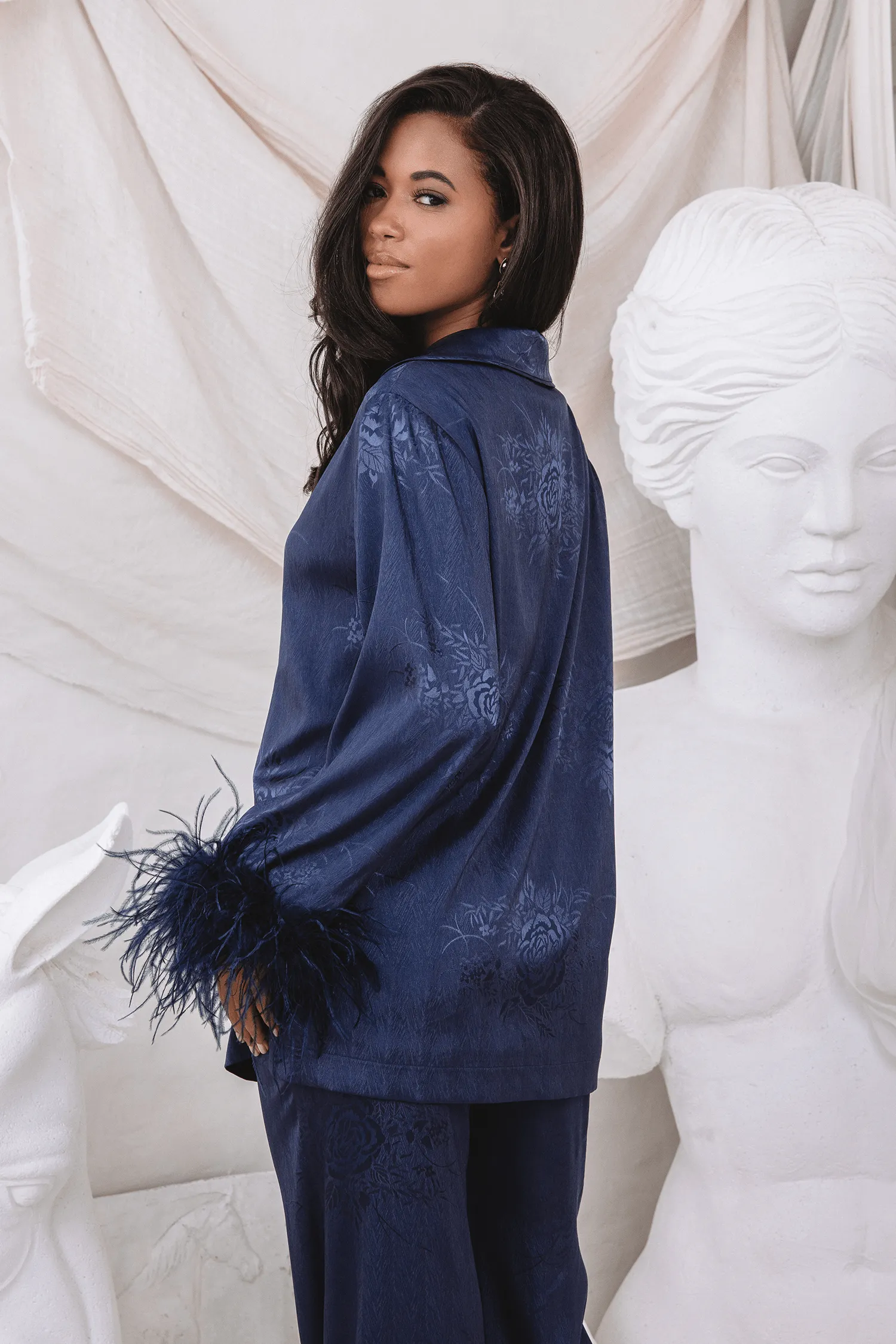 HELEN Feather Trim Satin Jacquard Pyjama In Navy sold by Lavish Alice product image thumbnail 5