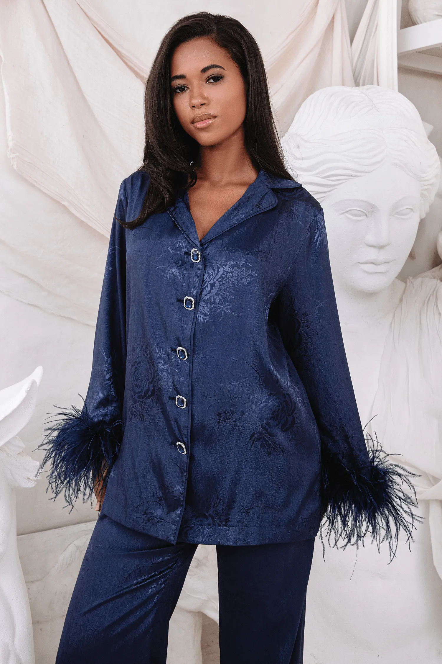 HELEN Feather Trim Satin Jacquard Pyjama In Navy sold by Lavish Alice product image thumbnail 2