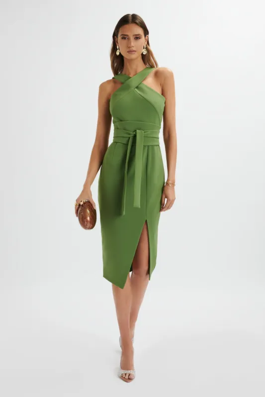 BRIELLE Obi Belt Halterneck Midi Dress In Green sold by Lavish Alice