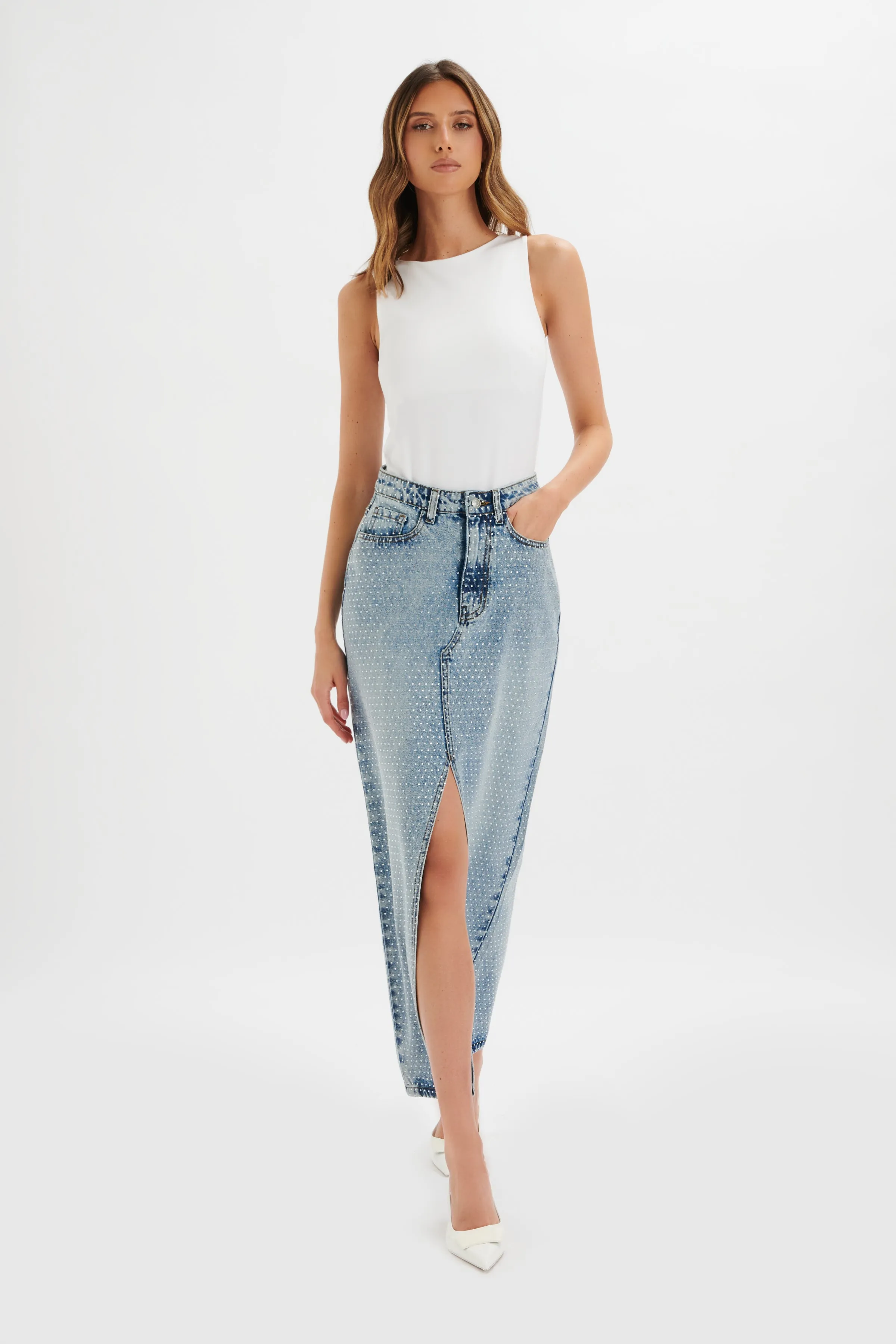 HARPER Crystal Embellished Denim Maxi Skirt in Light Blue sold by Lavish Alice