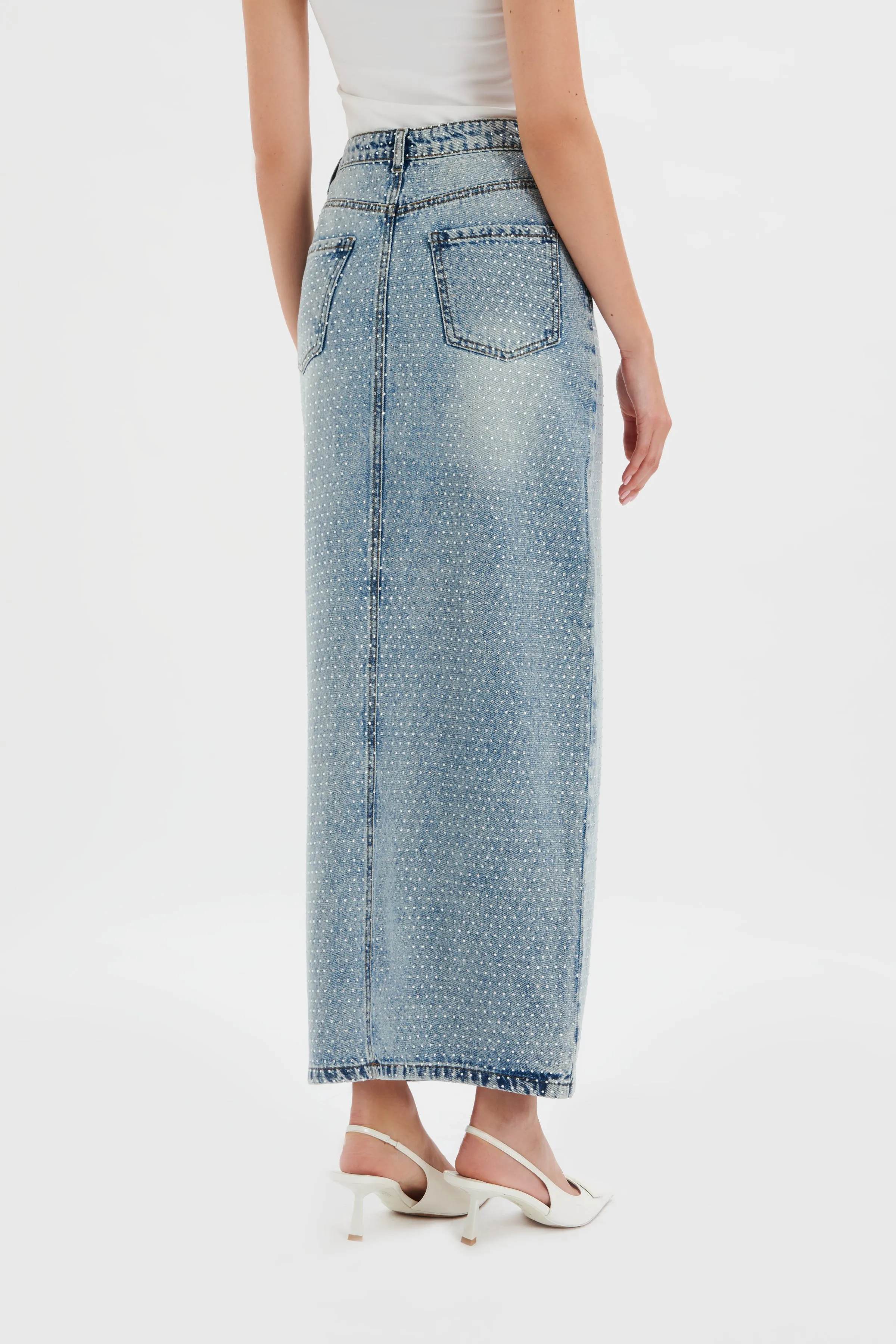 HARPER Crystal Embellished Denim Maxi Skirt in Light Blue sold by Lavish Alice product image thumbnail 4