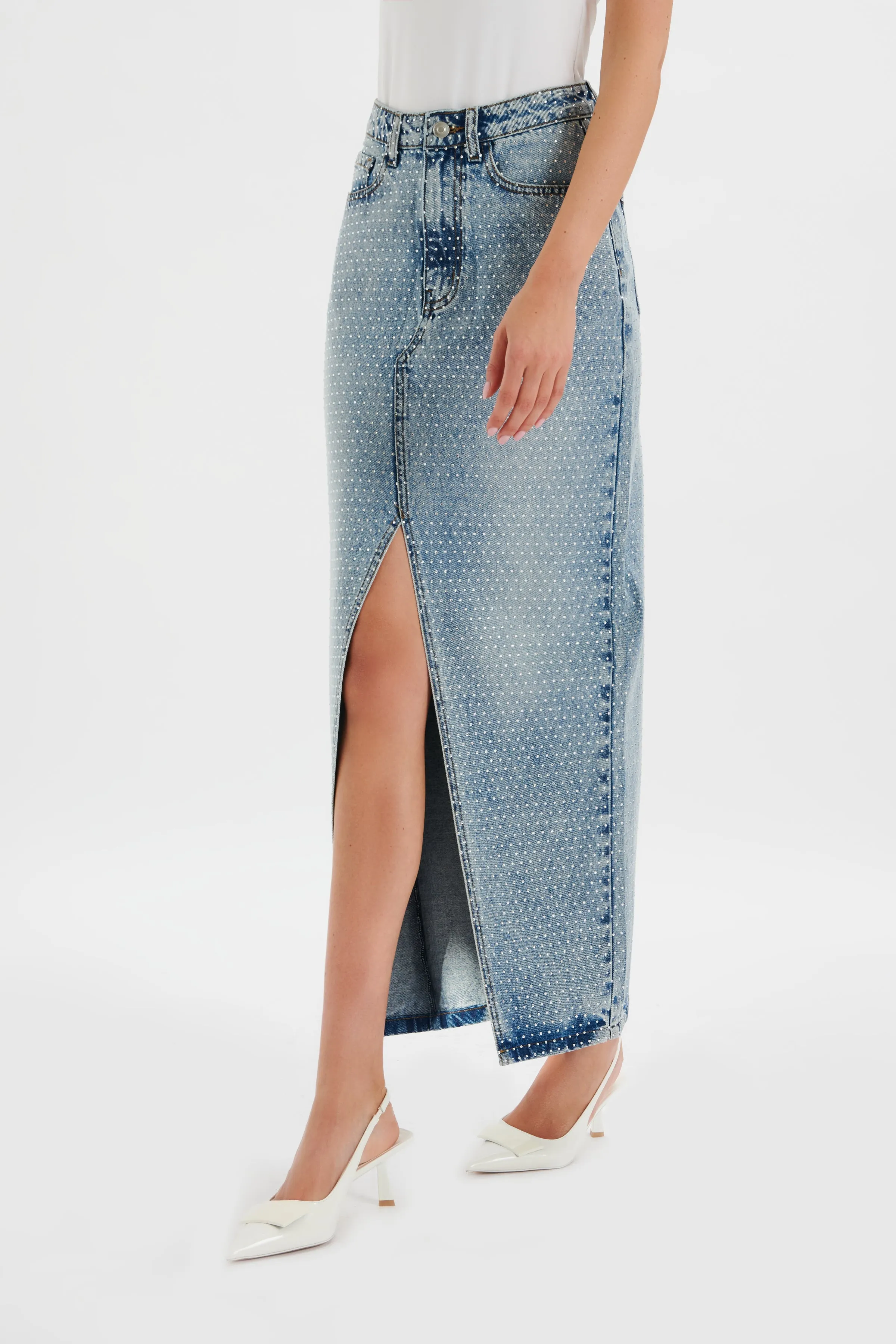 HARPER Crystal Embellished Denim Maxi Skirt in Light Blue sold by Lavish Alice product image thumbnail 2