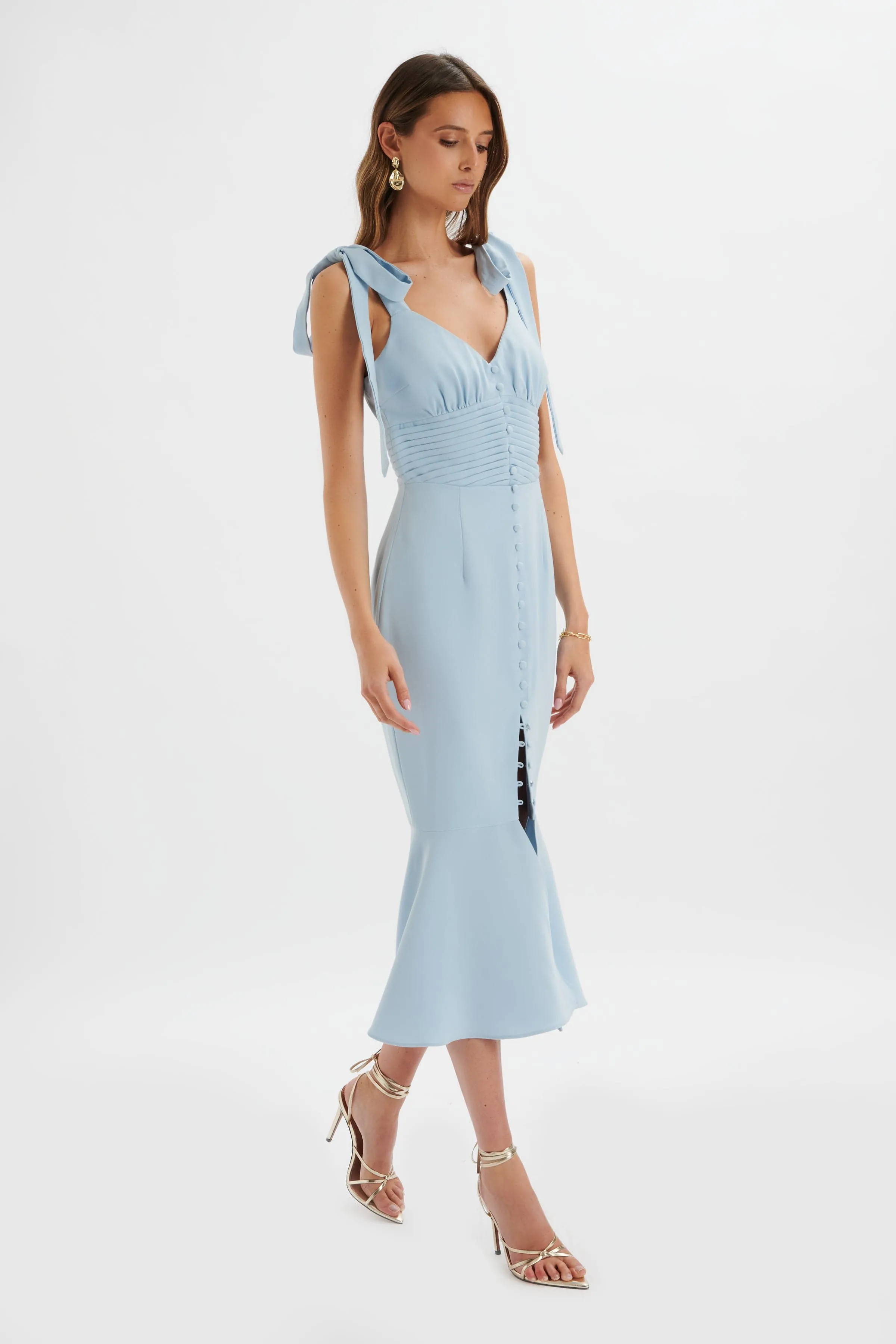 KAMILA Tie Strap Micro Button Midi Dress In Deep Corn Flower Blue sold by Lavish Alice