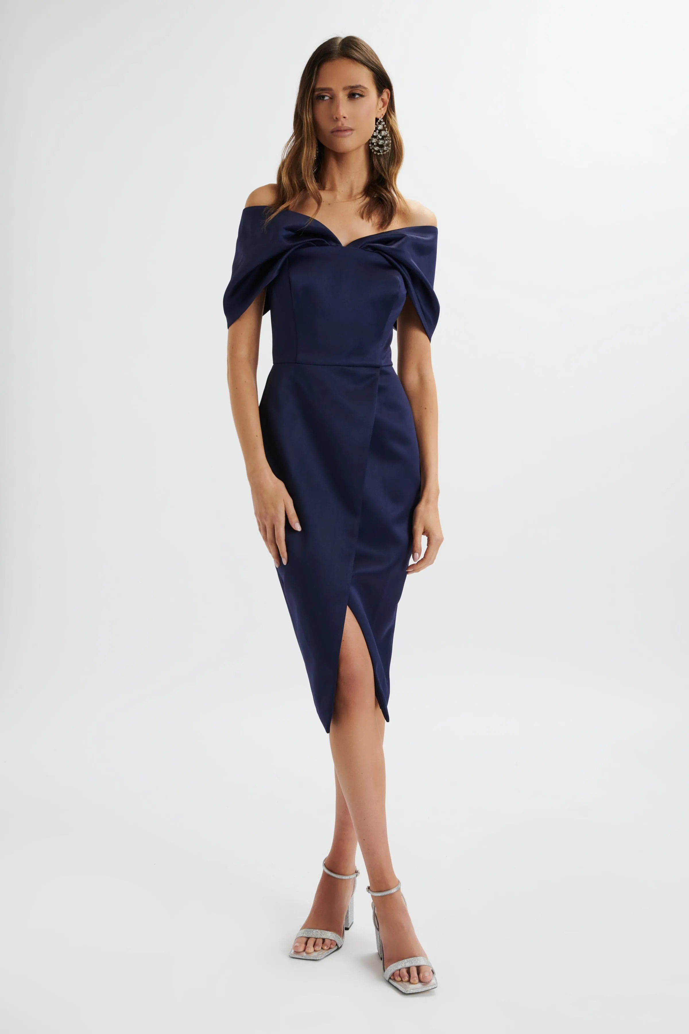 HARLEEN Draped Bardot Bonded Satin Midi Dress In Navy sold by Lavish Alice product image thumbnail 2