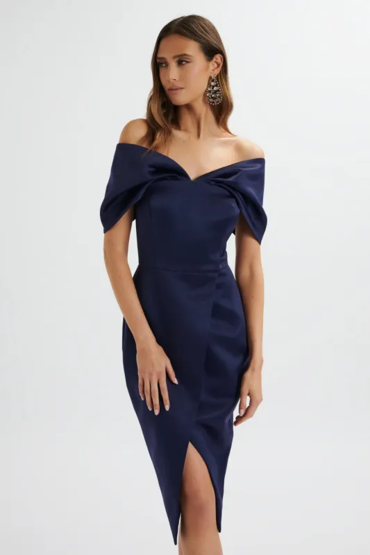 HARLEEN Draped Bardot Bonded Satin Midi Dress In Navy sold by Lavish Alice