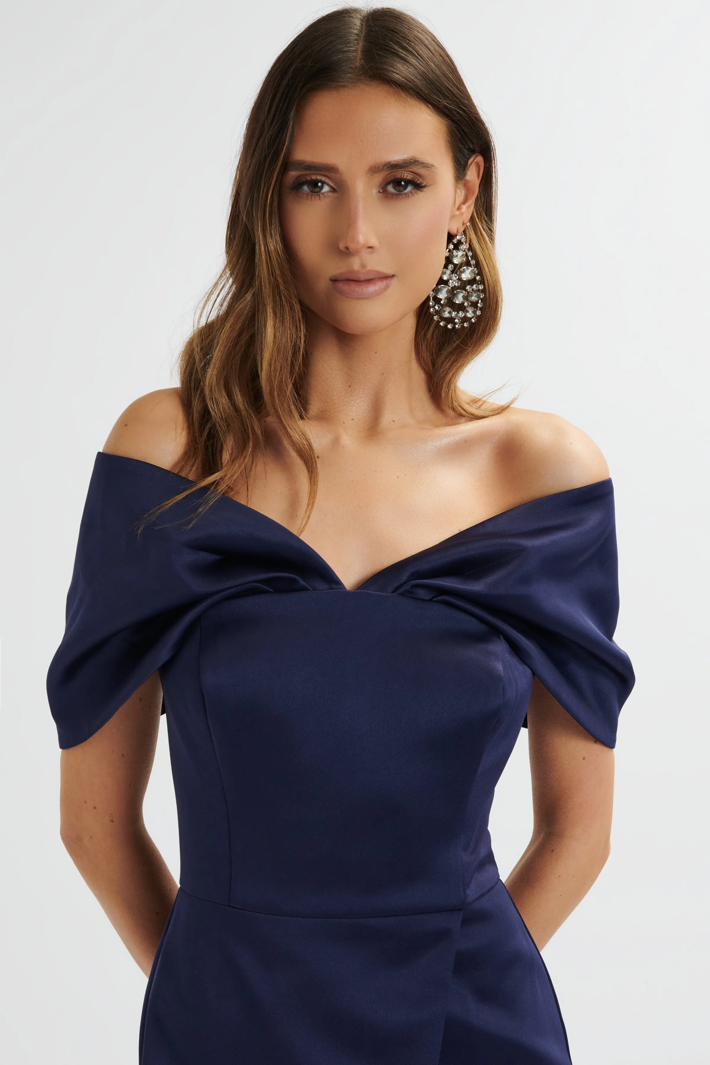 HARLEEN Draped Bardot Bonded Satin Midi Dress In Navy sold by Lavish Alice product image thumbnail 3