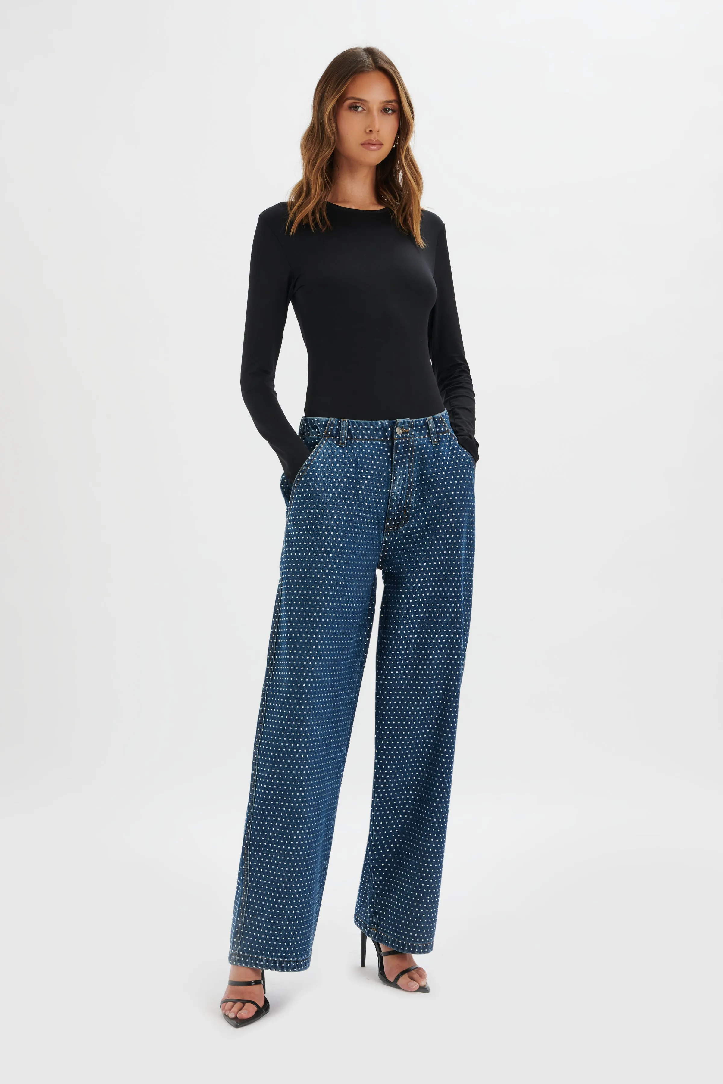 LILLIE Crystal Embellished Straight Leg Denim Jeans in Dark Blue sold by Lavish Alice