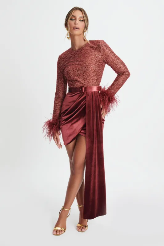 AMIRA Beaded And Sequin Velvet Mix Mini Dress In Burgundy sold by Lavish Alice