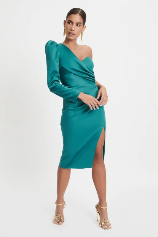 SHONA One Shoulder Bonded Satin Puff Sleeve Midi Dress In Emerald sold by Lavish Alice