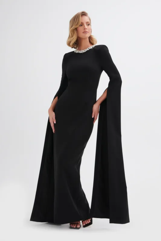 KELLY Cape Sleeve Maxi Dress in Black sold by Lavish Alice