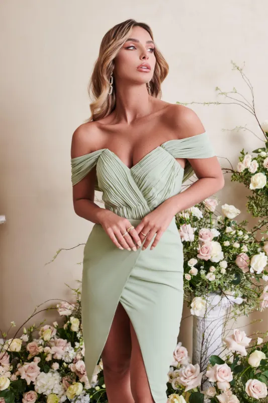 ELOISE Pleated Bardot Midi Dress in Sage Green sold by Lavish Alice
