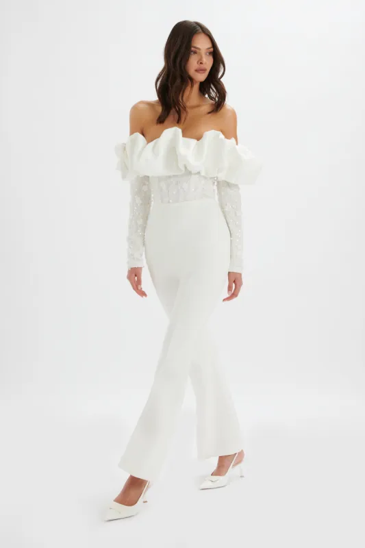 TALLULAH 3D Embroidered Satin Puff Jumpsuit in White sold by Lavish Alice