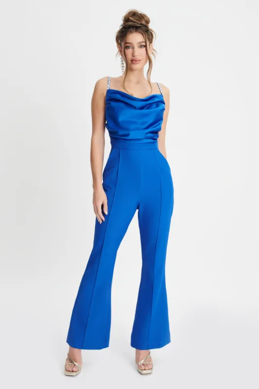 ANNABELLE Diamante Strap Cowl Neck Satin Jumpsuit In Cobalt Blue sold by Lavish Alice