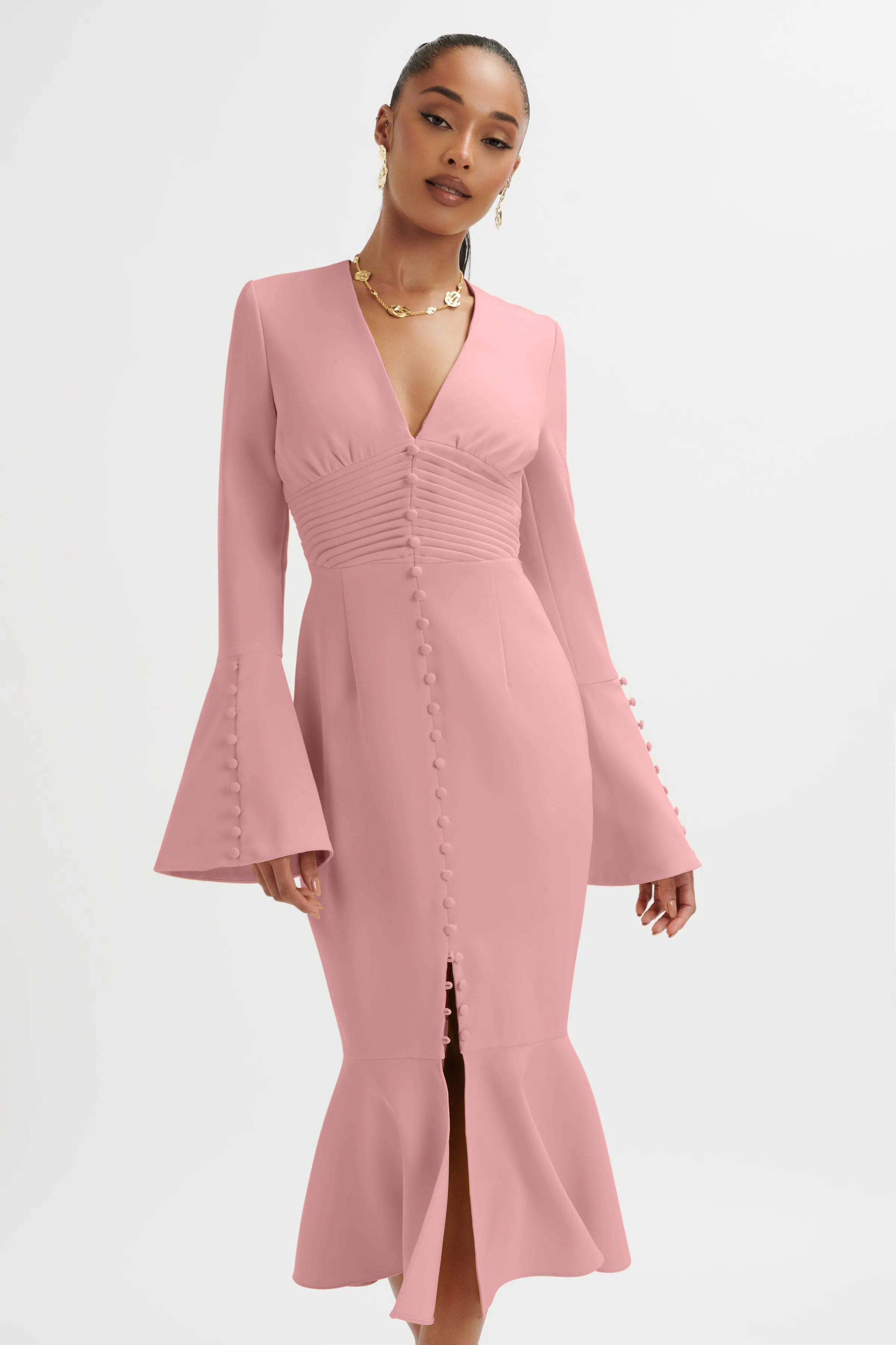 SALMA Fluted Sleeve Longline Fishtail Midi Dress In Pink sold by Lavish Alice