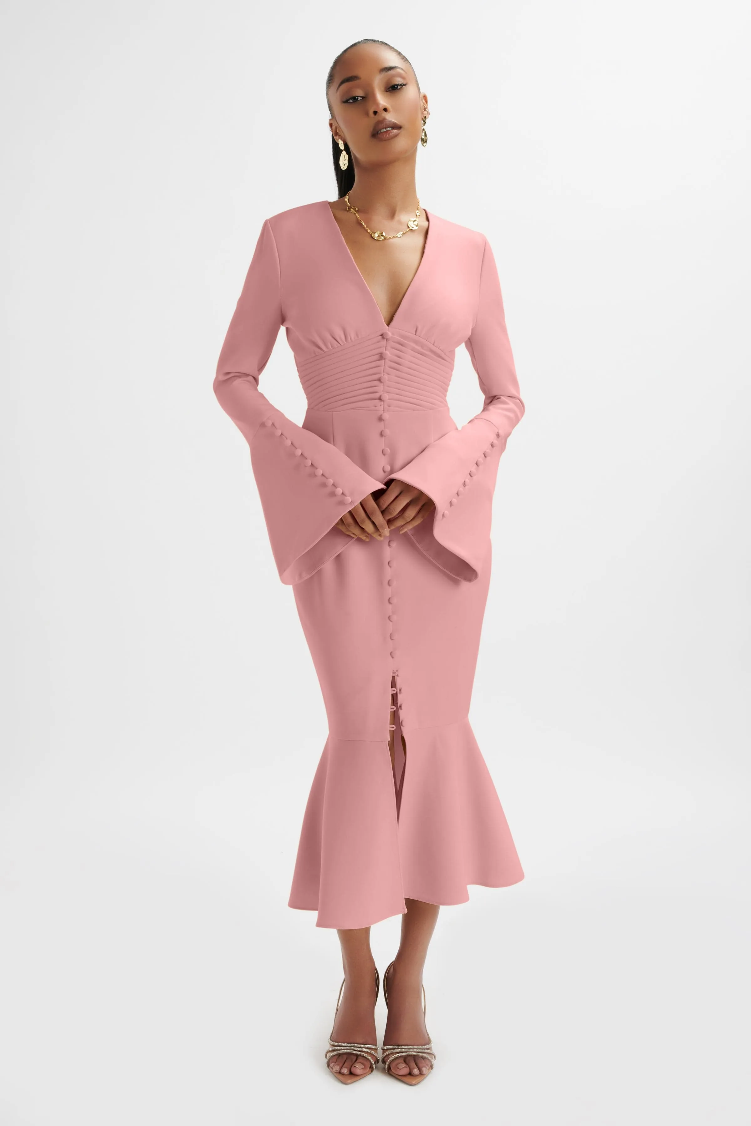 SALMA Fluted Sleeve Longline Fishtail Midi Dress In Pink sold by Lavish Alice product image thumbnail 4