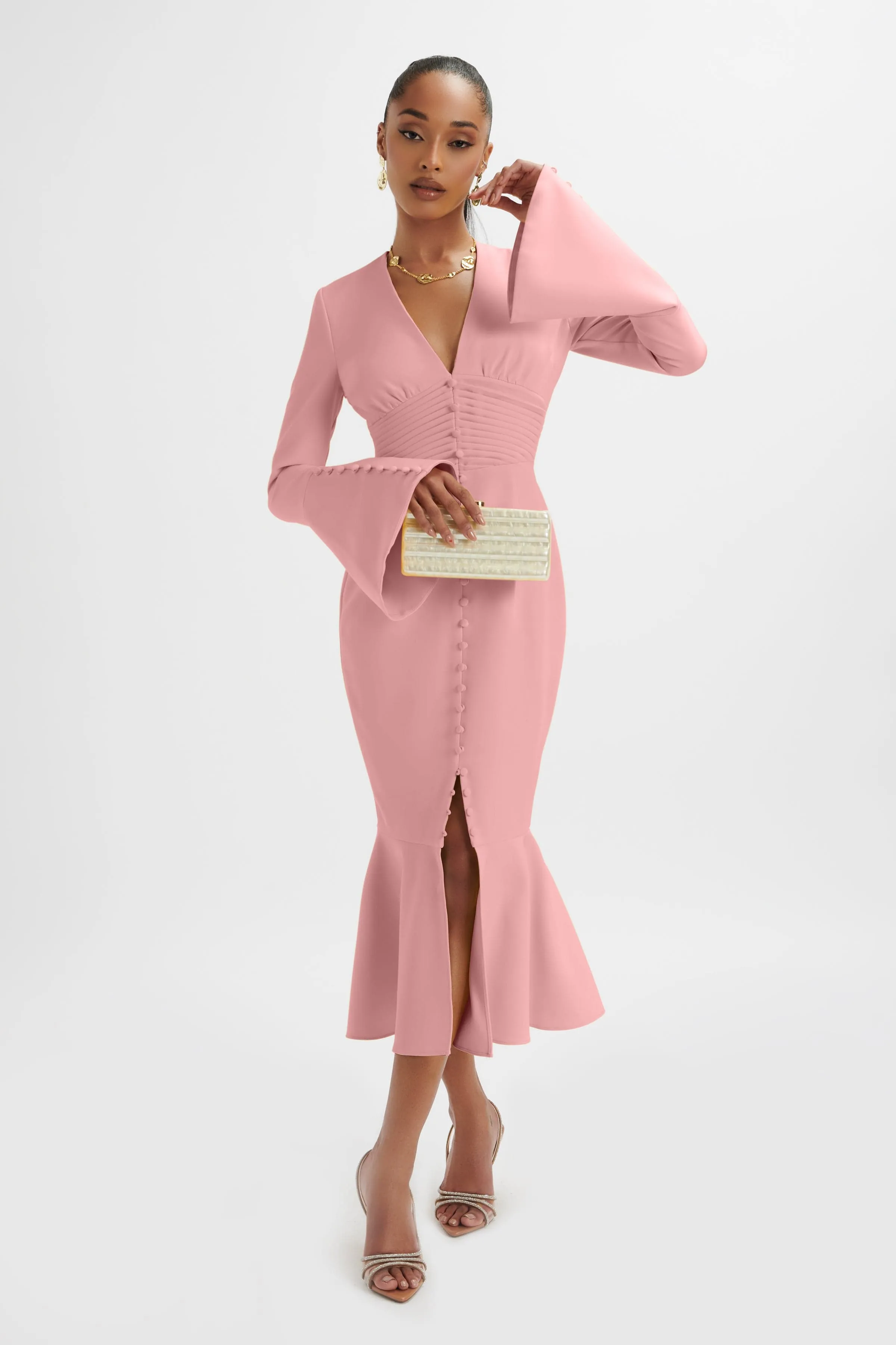 SALMA Fluted Sleeve Longline Fishtail Midi Dress In Pink sold by Lavish Alice product image thumbnail 2