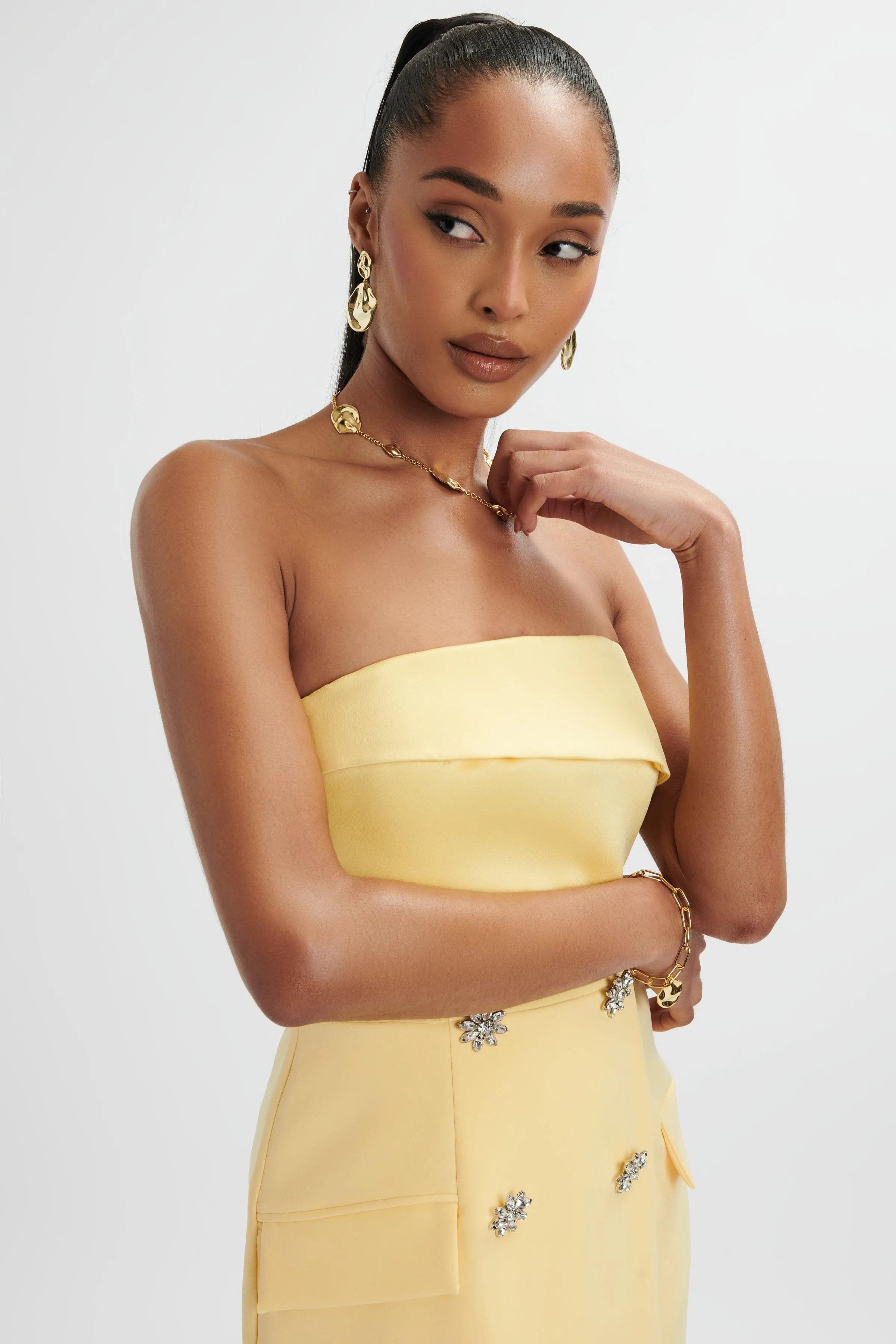 FLUER Bandeau Tailored Midi Dress In Pastel Yellow sold by Lavish Alice