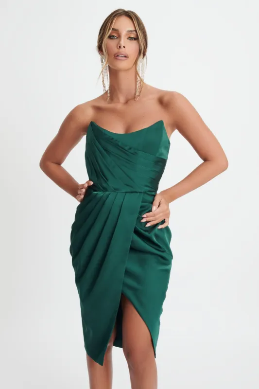 GRACELYN Strapless Corset Bonded Satin Midi Dress In Emerald Green sold by Lavish Alice