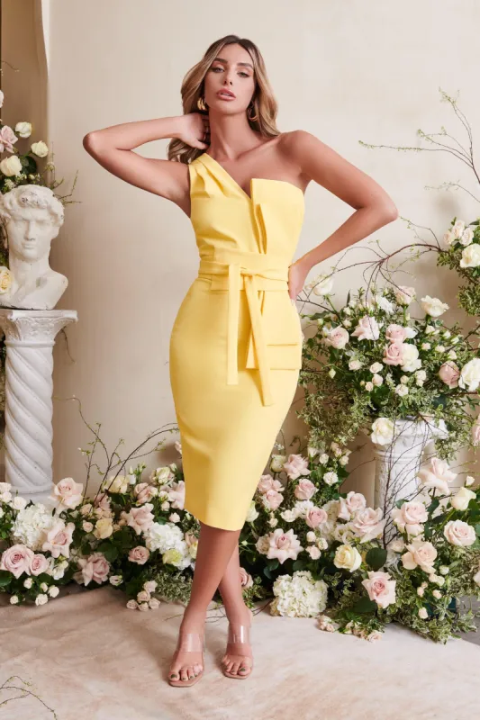 One Shoulder Bow Detail Midi Dress In Yellow sold by Lavish Alice