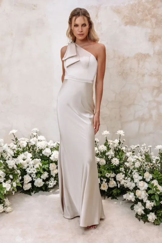 ALESSANDRA Satin Bow Shoulder Maxi Dress In Champagne sold by Lavish Alice