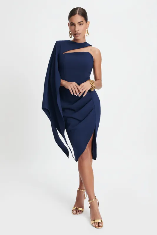 GIANNA One Shoulder Cape Midi Dress In Navy Parallel
