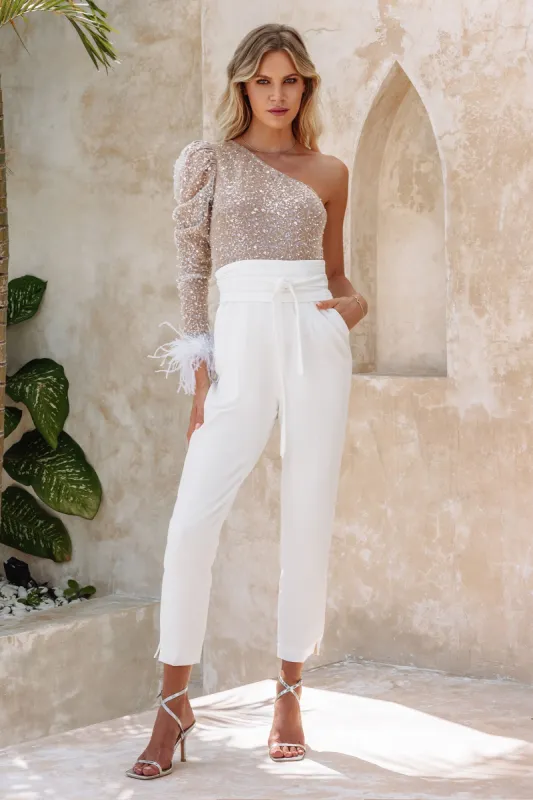 ELIZABETH One Shoulder Sequin Embellished Jumpsuit In White made by Lavish Alice