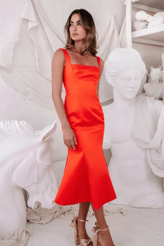 LAINEY Stitch Detail Midi Slip Dress in Coral Red sold by Lavish Alice