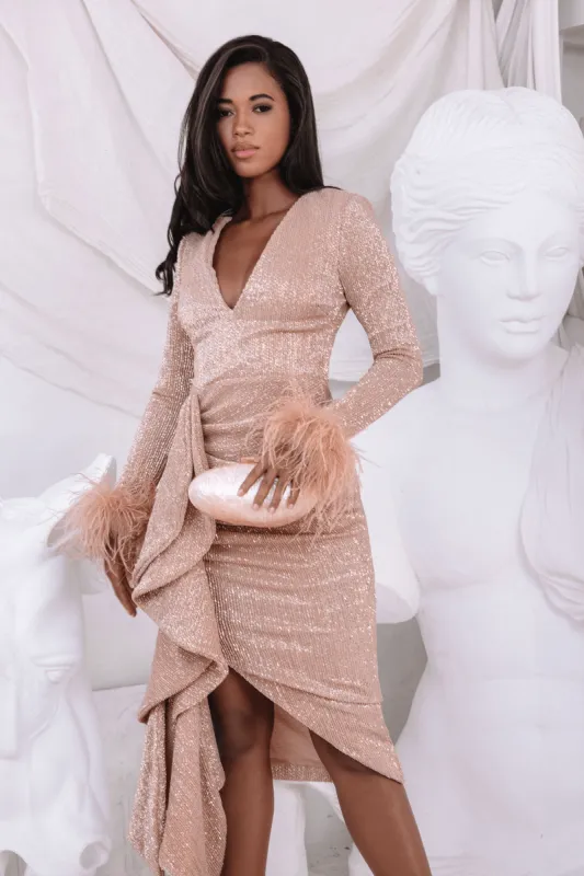 ATHENA Draped Skirt Pleated Sequin Midi Dress in Gold sold by Lavish Alice