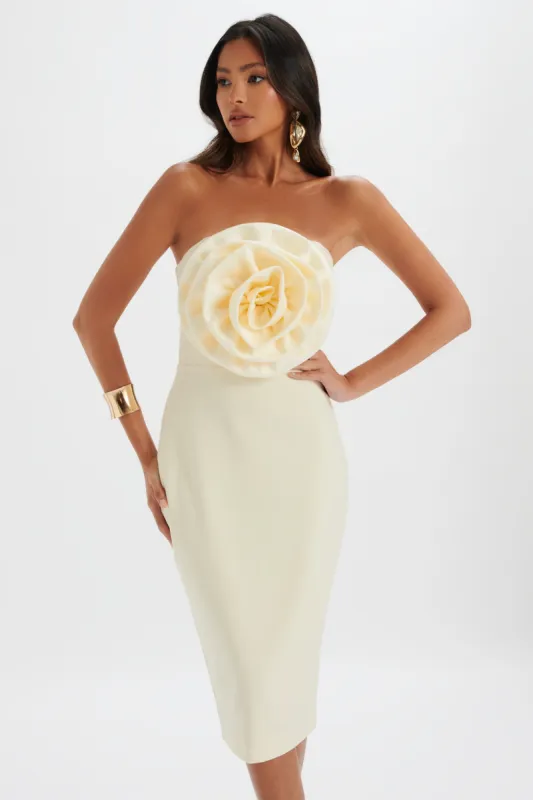 BELLE 3D Flower Bandeau Midi Dress in Champagne sold by Lavish Alice