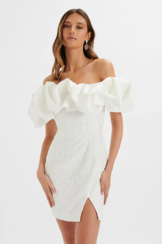 MARCIA 3D Embroidered Satin Puff Mini Dress in White sold by Lavish Alice