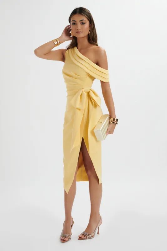 HONEY Asymmetric Pleated Bow Midi Dress In Pastel Yellow sold by Lavish Alice