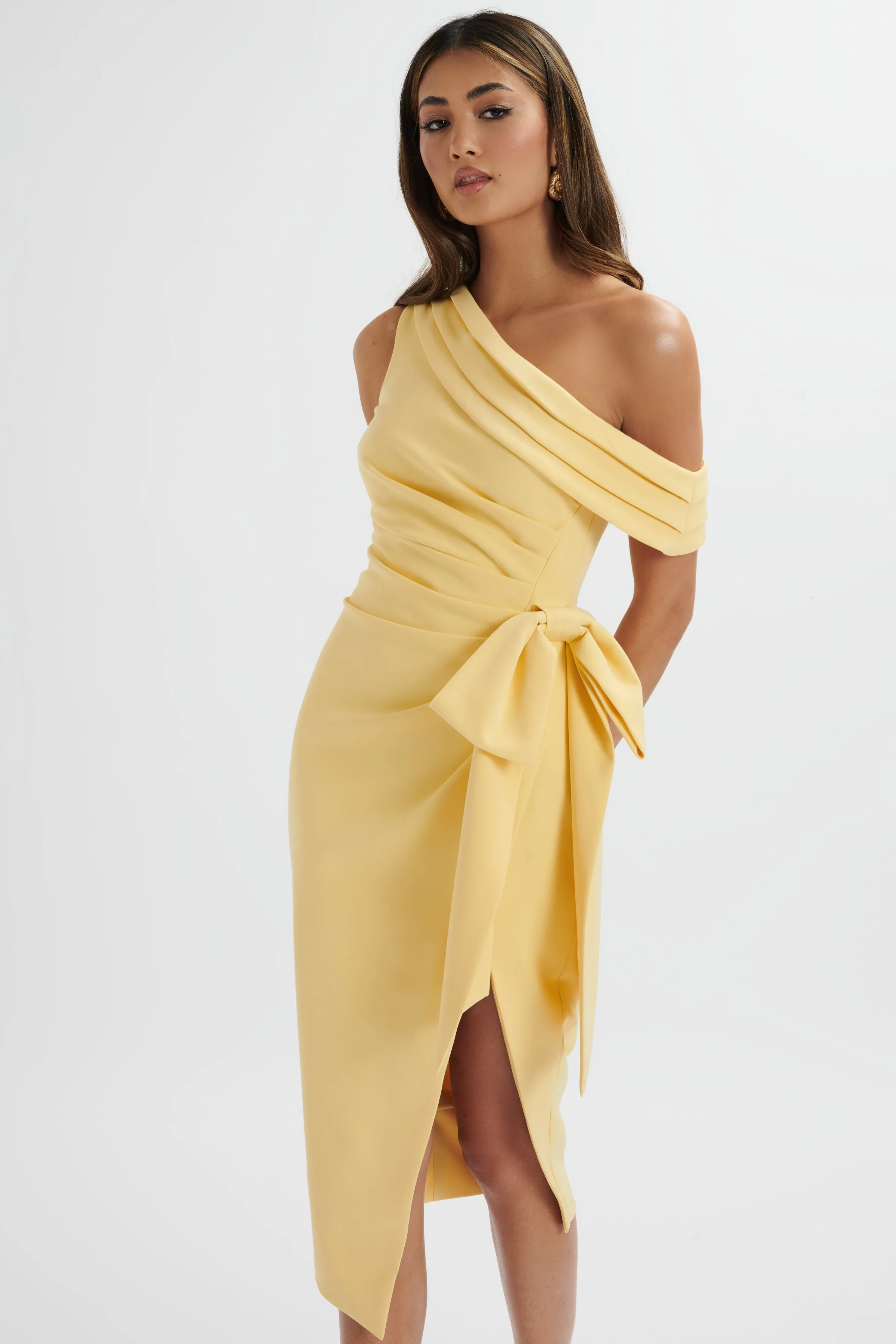 HONEY Asymmetric Pleated Bow Midi Dress In Pastel Yellow sold by Lavish Alice product image thumbnail 2